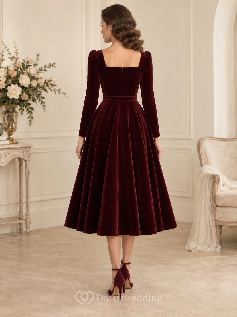 Vestido de dama de honor vintage de terciopelo burdeos con cuello cuadrado y mangas largas hasta la rodilla view 2