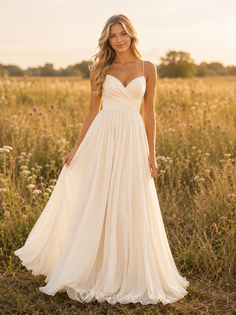 Pale sweetheart spaghetti strap chiffon maxi A-line photo dress