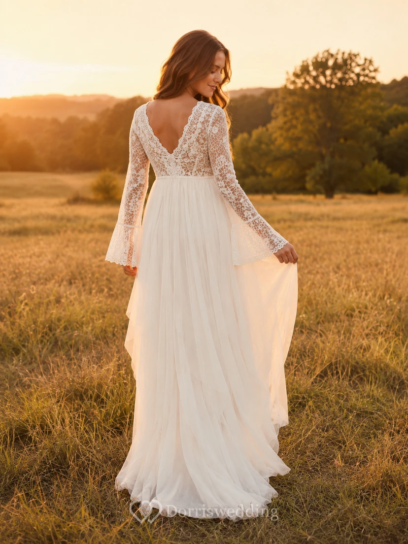 Bohemian Maternity V Neck Lace Bell Sleeve Tulle Empire Floor Wedding Dress view 2