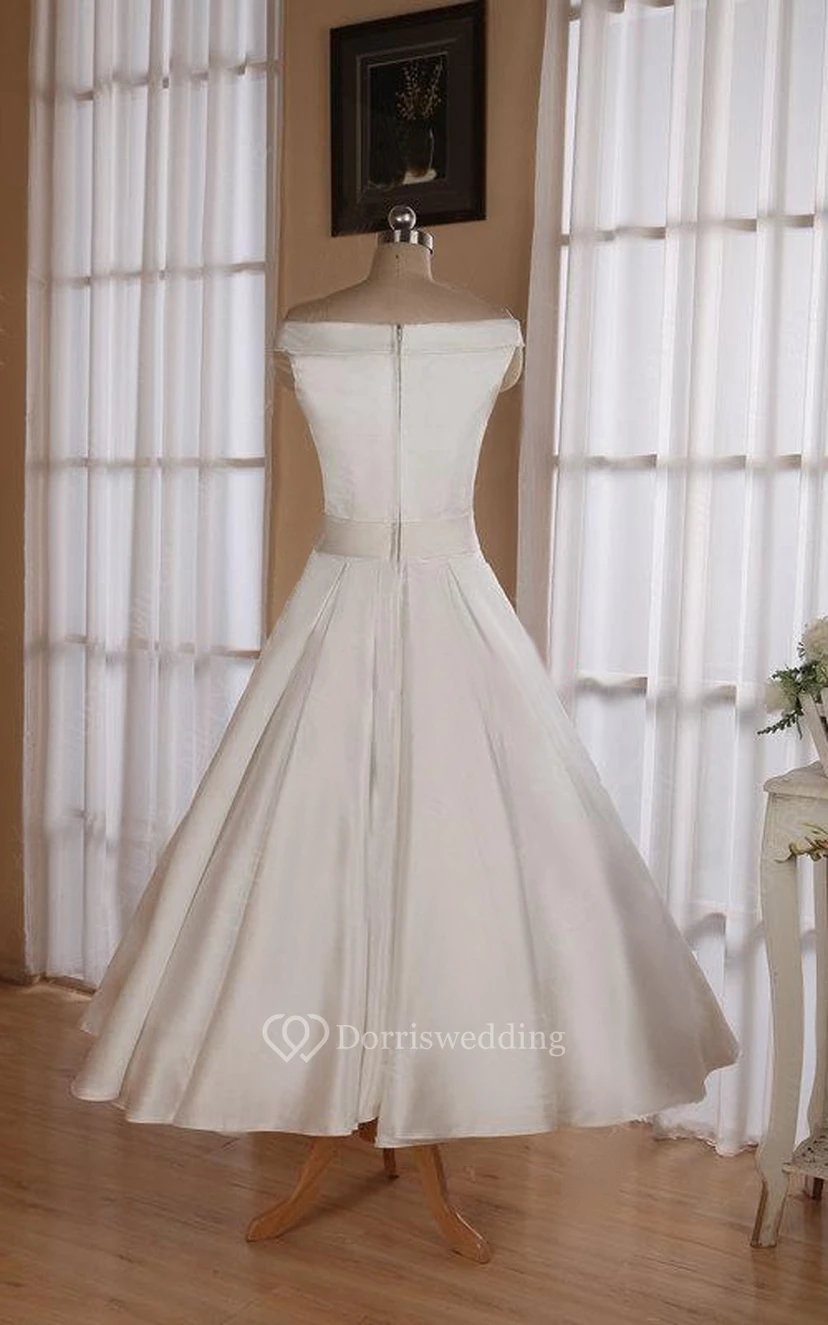 Sleeveless Tea-Length Satin Short Wedding Dress With Sash And Off-The-Shoulder Neck view 2