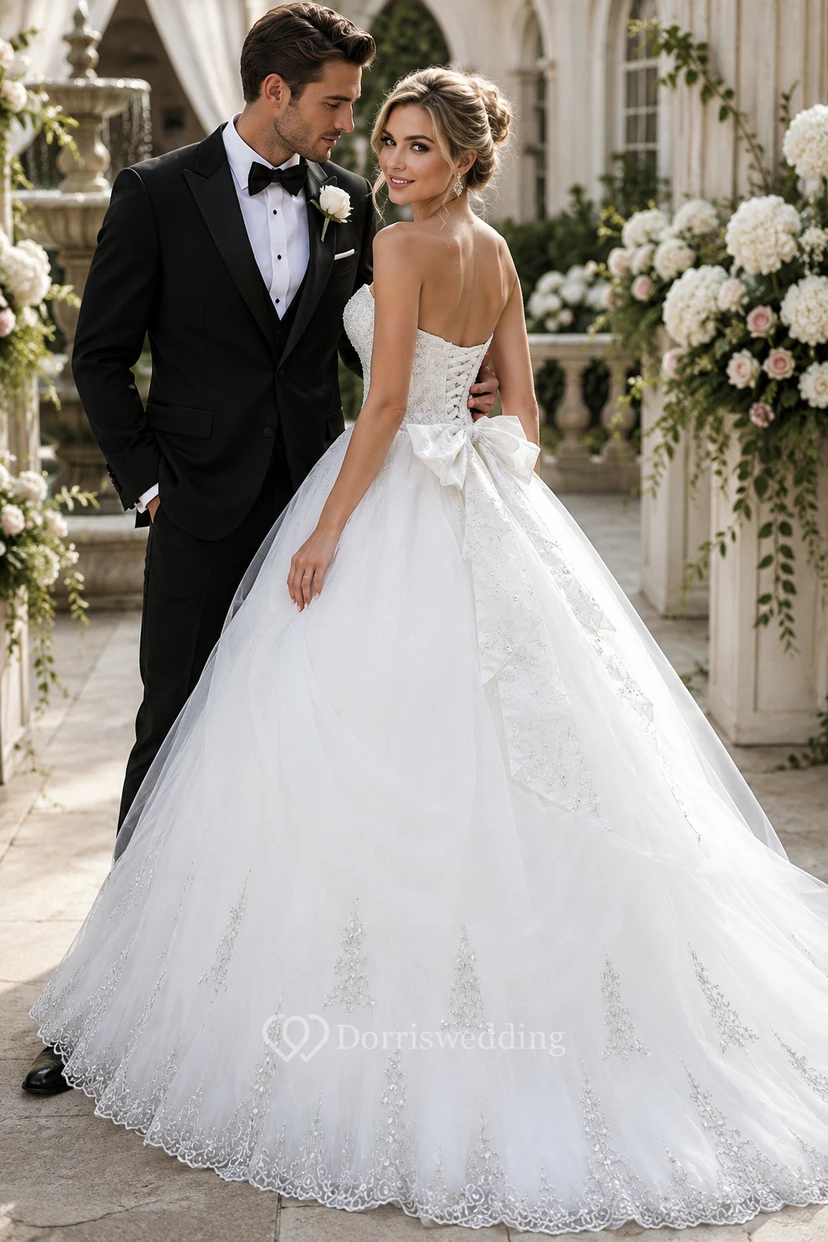 Gorgeous Ball Gown Beadings Wedding Dress Court Train Bowknot view 4