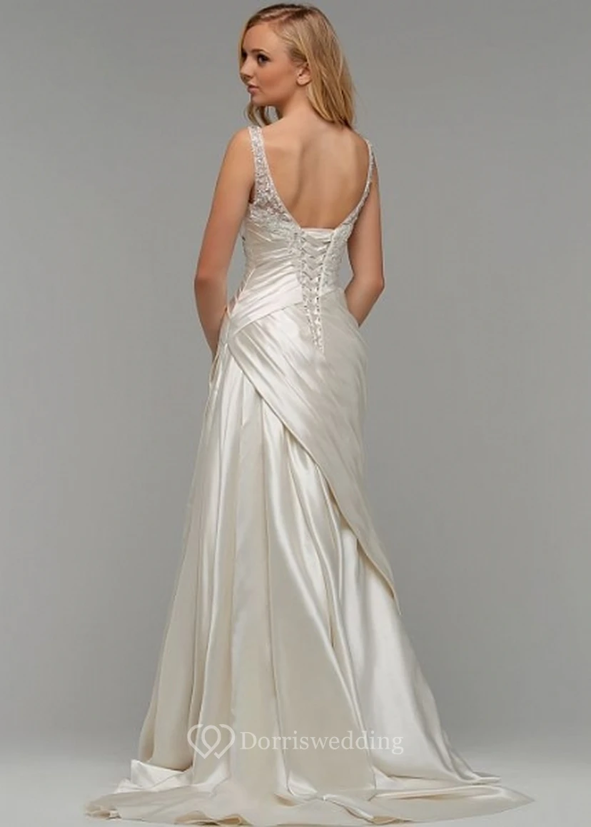 Floor-Length V-Neck Ruched Satin Wedding Dress With Brush Train And Lace Up view 2
