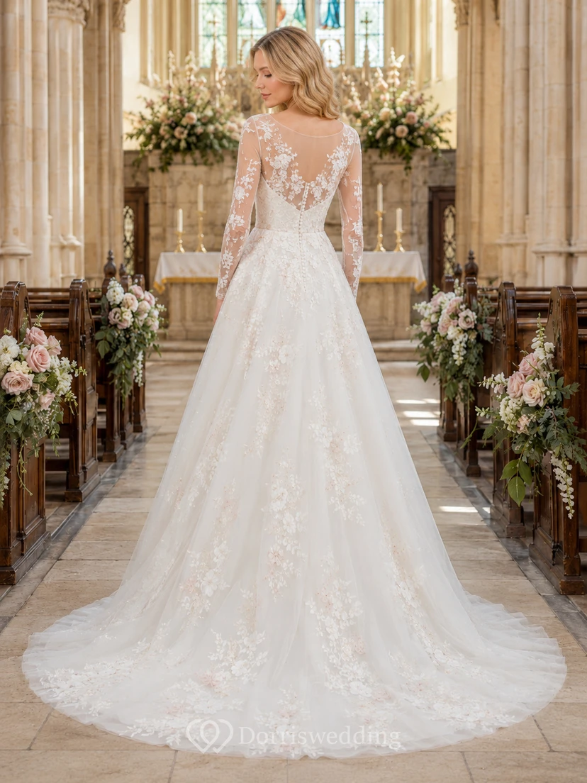 Spring Floral Long Sleeve V-Neck A-Line Chapel Wedding Dress view 2