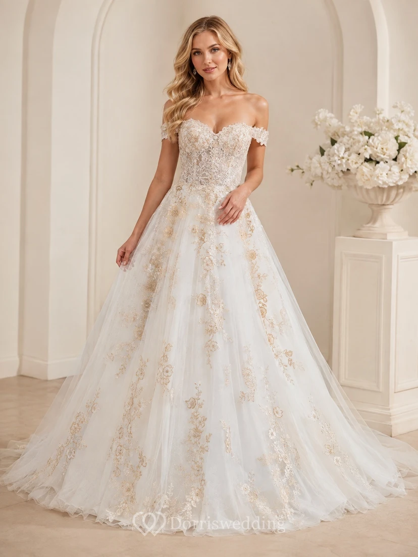 Romantisches Brautkleid in A-Linie mit vergoldeter Spitze, schulterfrei, kurzen Ärmeln und bodenlanger Schleppe