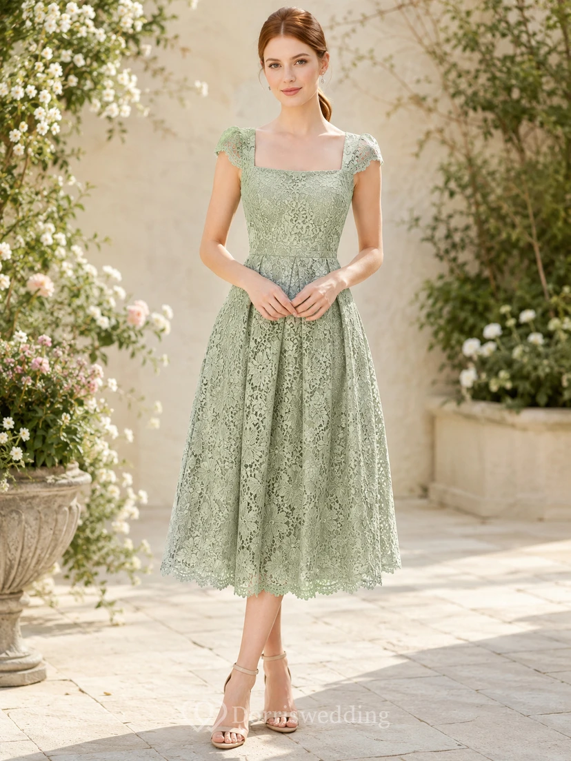 Sage Bateau Lace A-Line Tea-Length Dress