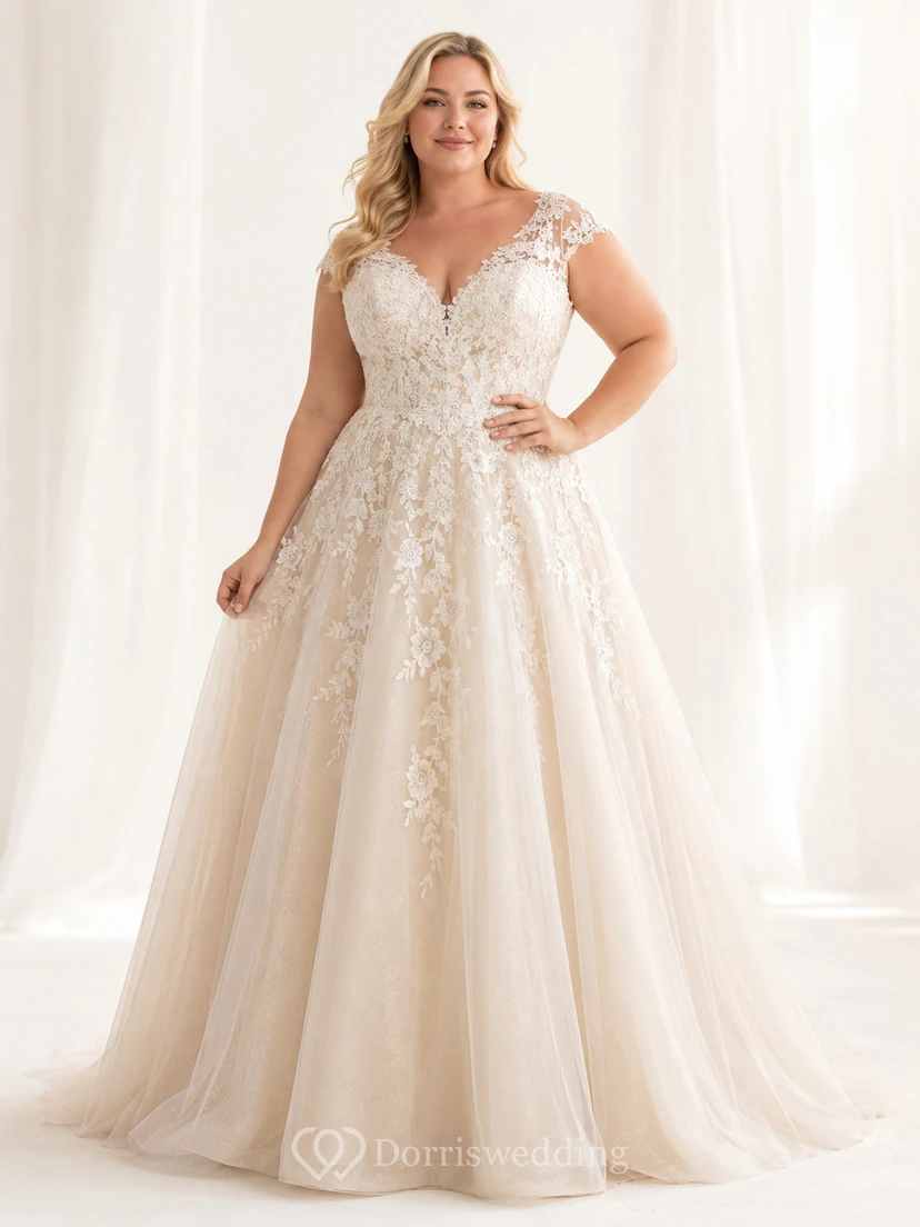 Champagnerfarbenes Brautkleid in Übergröße mit V-Ausschnitt, Spitze und A-Linien-Schnitt