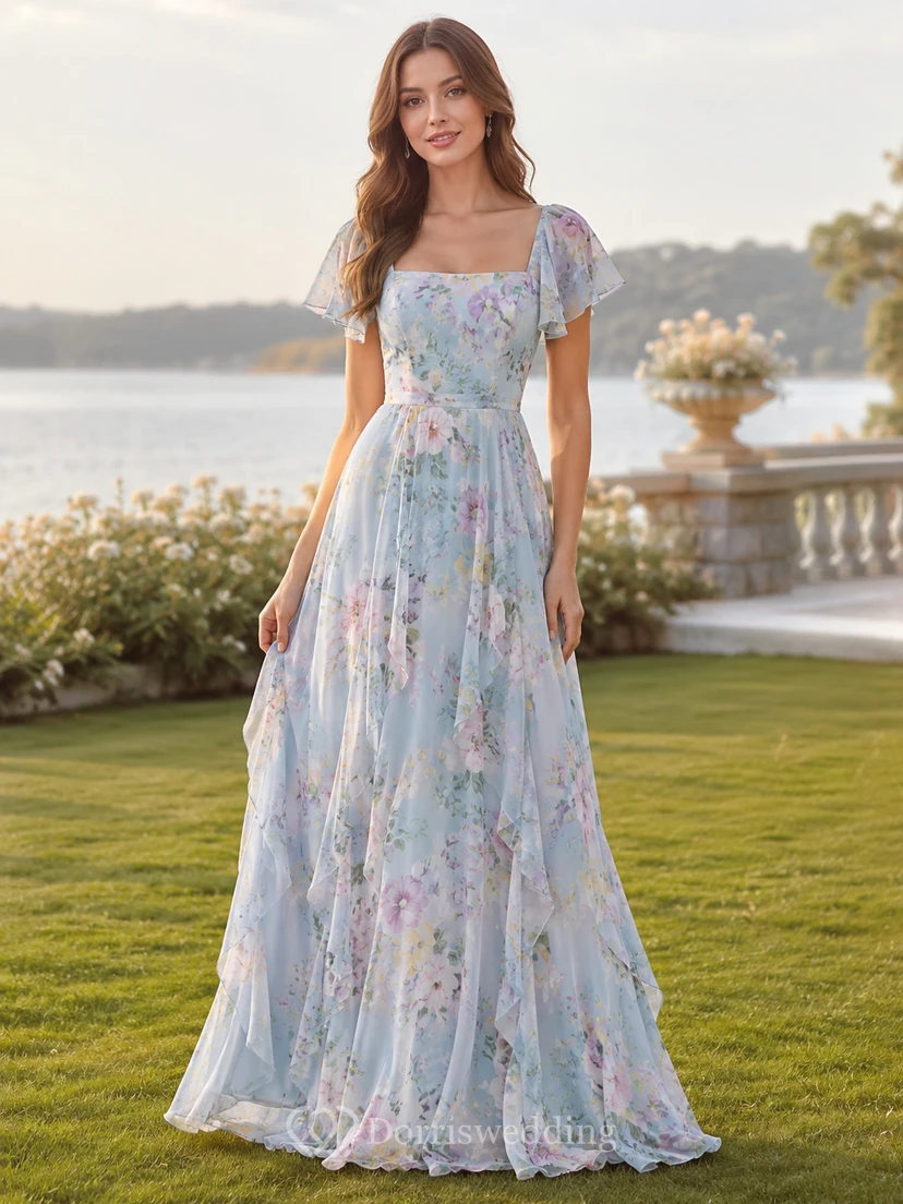 Sky Blue Floral Square Neck Cap Sleeve Chiffon Bridesmaid Dress