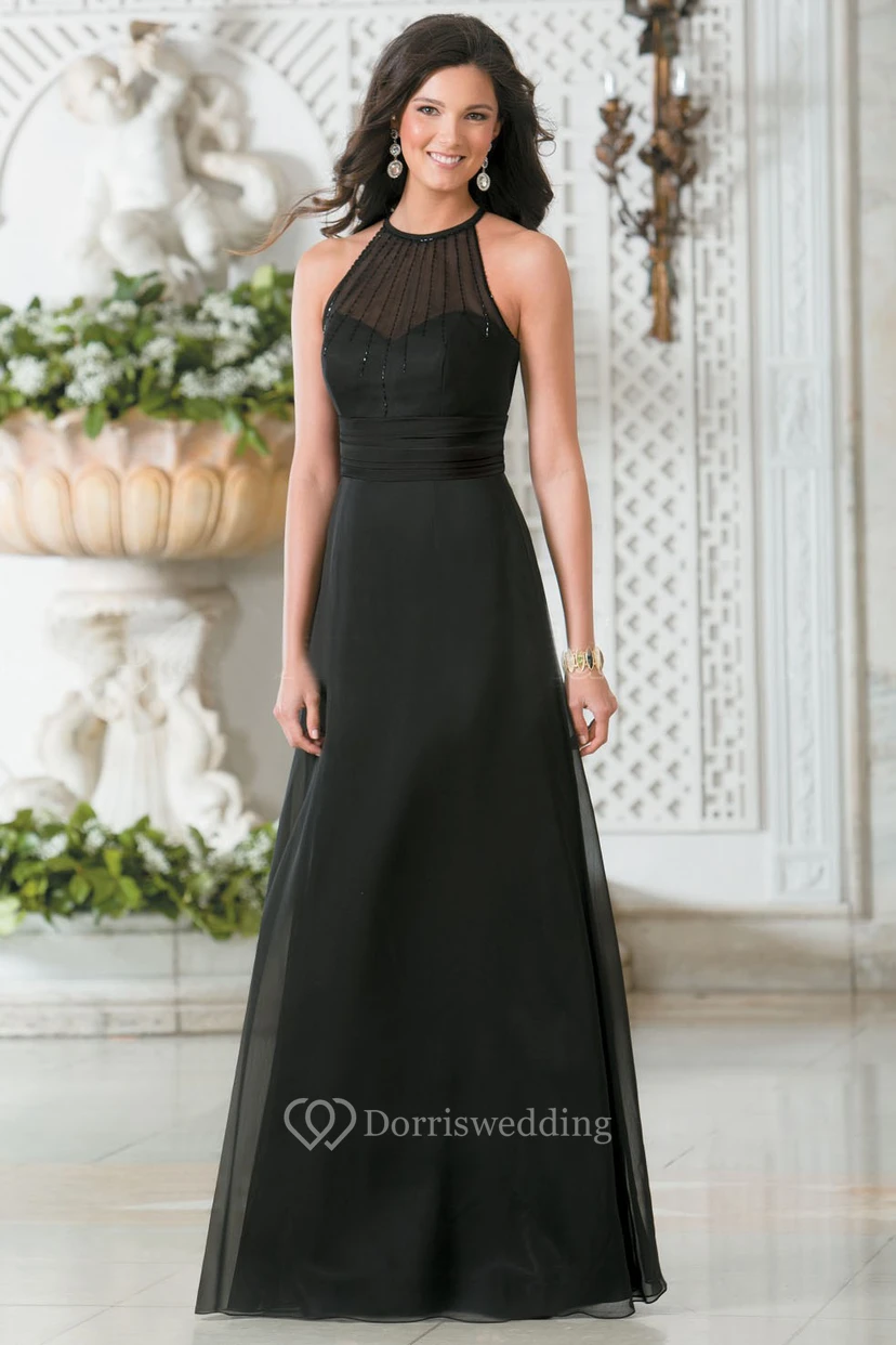High-Neck A-Line Long Bridesmaid Dress With Illusion Style