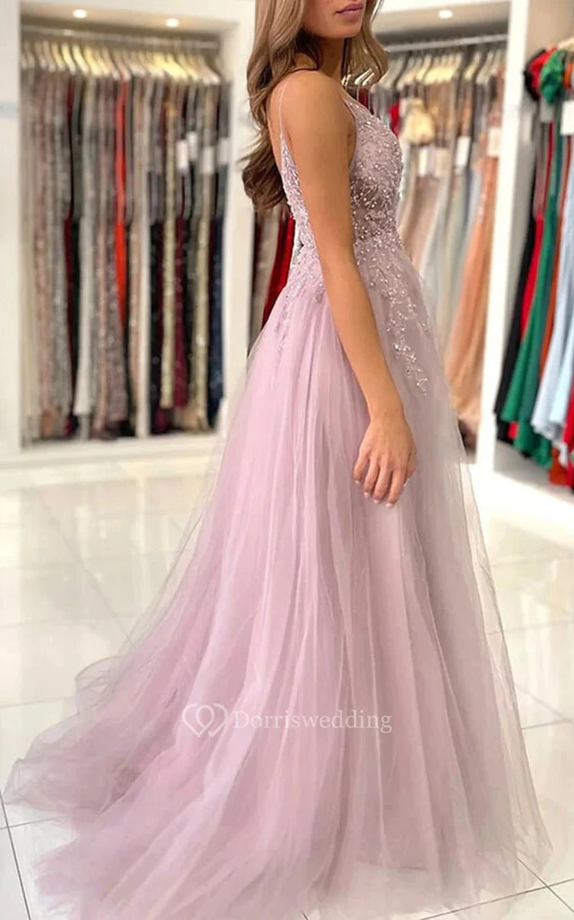 Spaghetti Front Split Beaded Applique Front Split Tulle Evening Prom Dress view 2