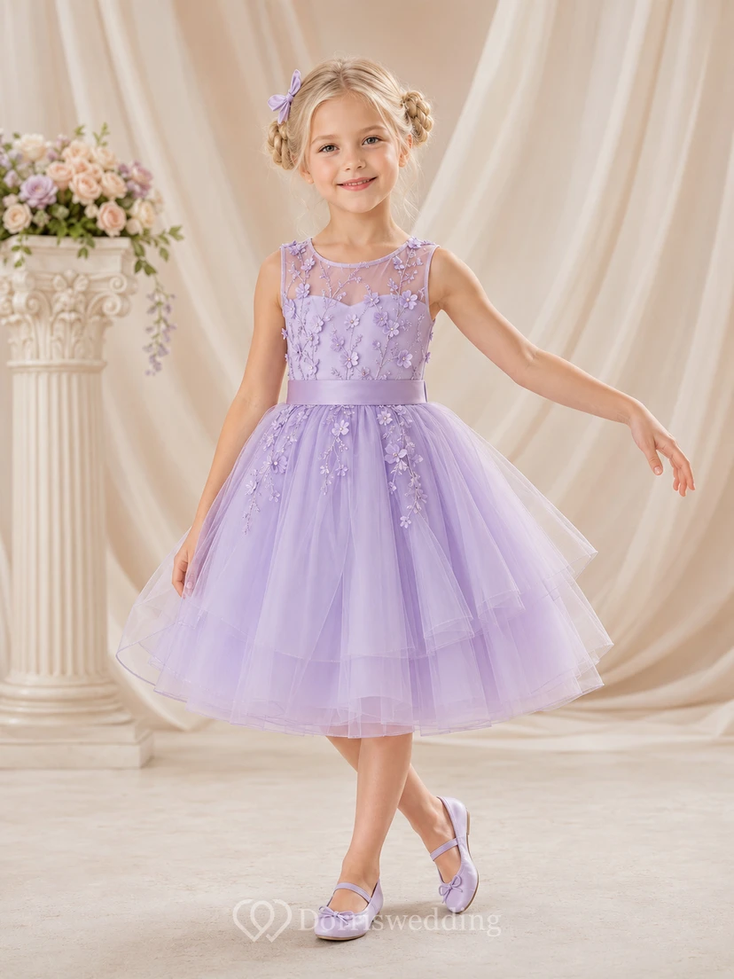 Lilac Illusion Neck Tea-Length A-Line Flower Girl Dress with Floral Applique Bodice, Satin Waist and Layered Tulle