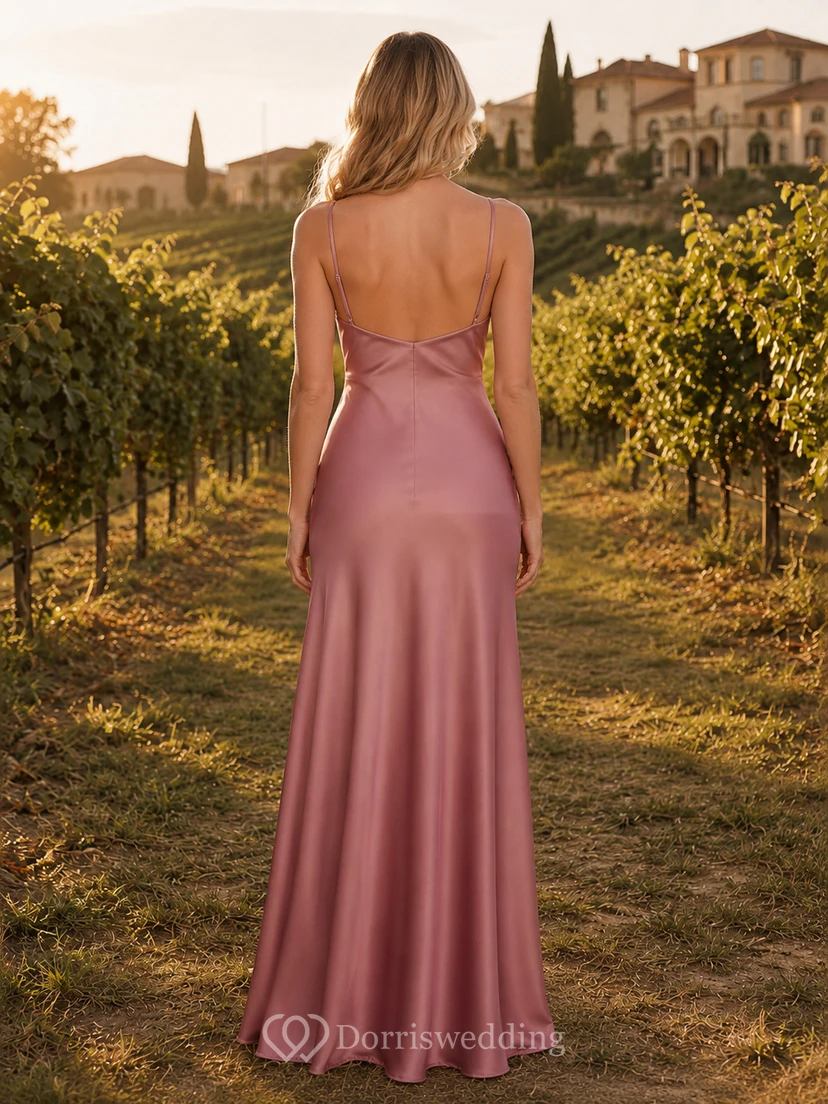 Dusty rose cowl neck satin floor length bridesmaid slip dress view 2