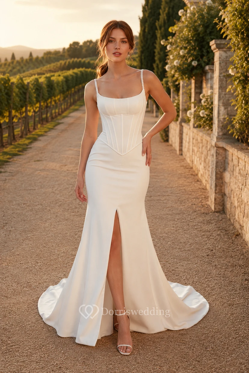 Spaghetti Strap Satin Mermaid Wedding Dress with Front Split