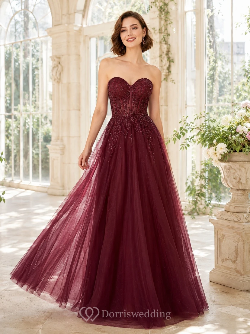 Romantic Burgundy Strapless Sweetheart Tulle A Line Formal Prom Evening Dress