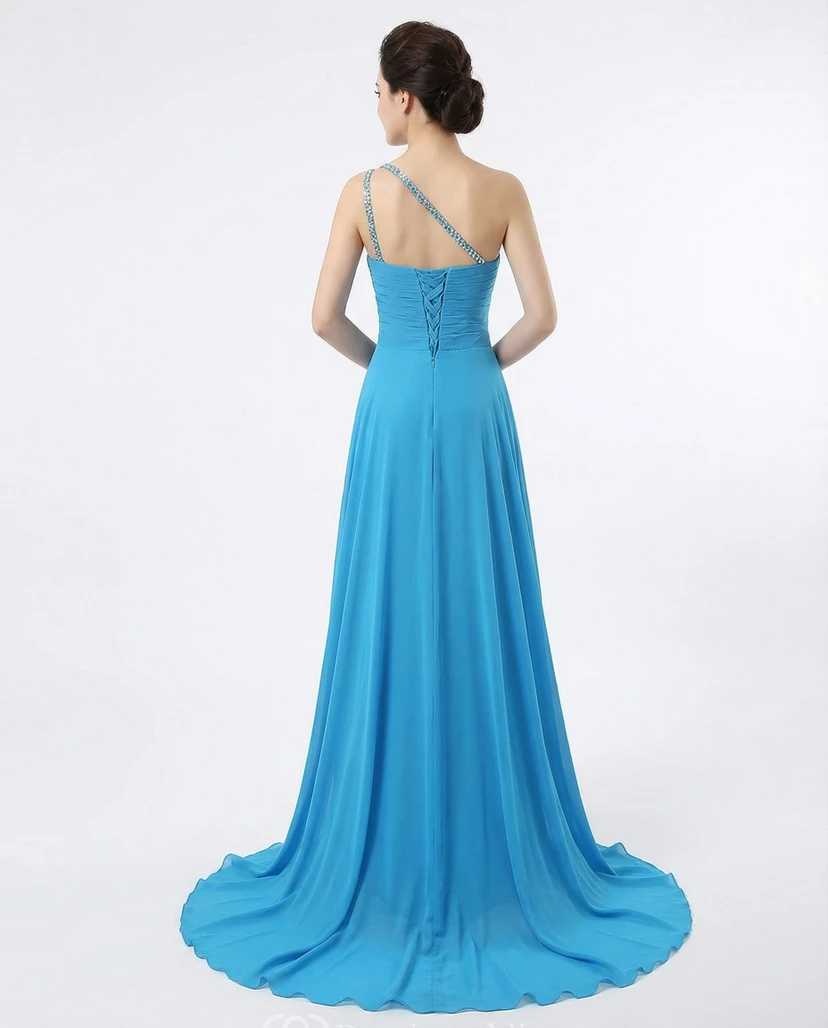 One-Shoulder Beaded Gown with Sweep Train view 2