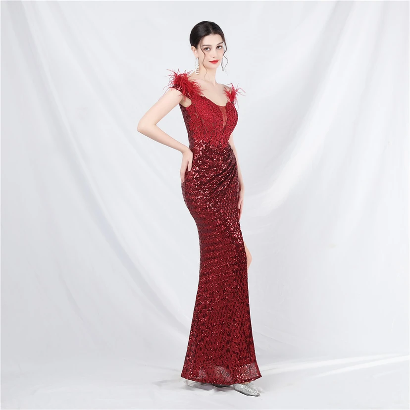 Vestido de noche de alta gama con chaleco de encaje de pelo de avestruz y diamantes, cintura de espina de pescado. view 14