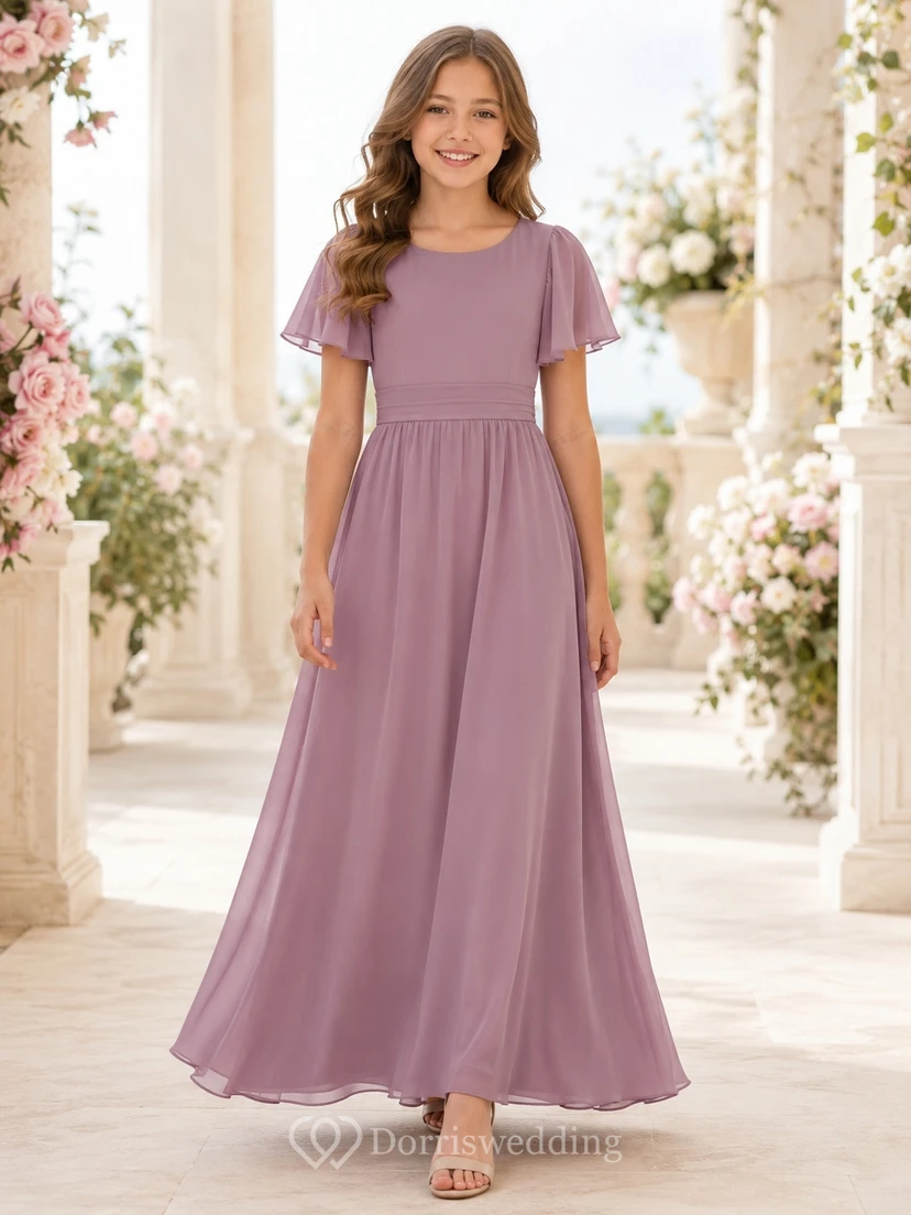 Elegantes, mauvefarbenes Chiffonkleid mit Glockenärmeln, A-Linien-Schnitt und Schmucksteinen in Bodenlänge für junge Brautjungfern