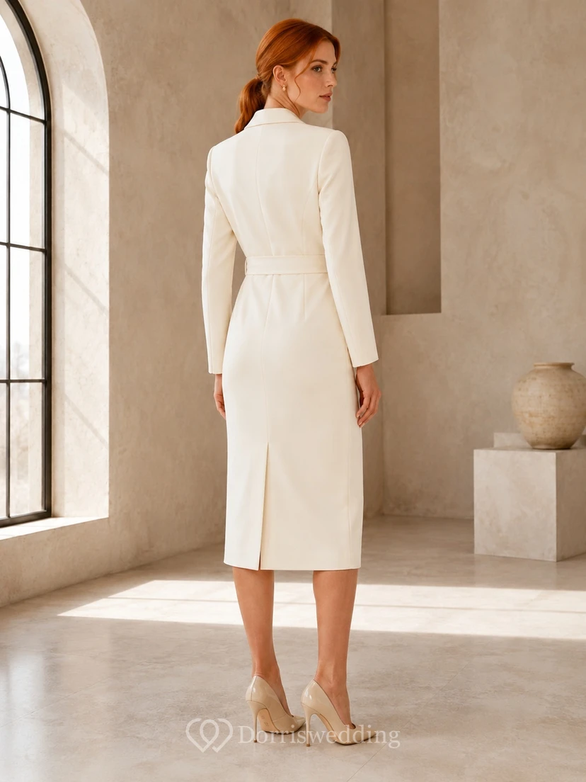 Cream Jersey Notched Neck Long Sleeve Sheath Knee-length Draped Modern Formal Blazer Dress view 2