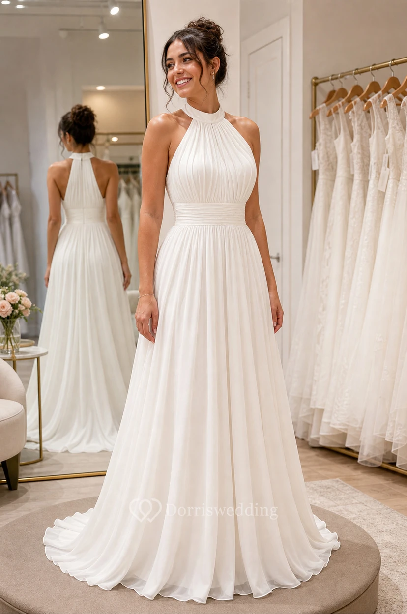 Vestido de novia blanco de corte A con escote halter view 6