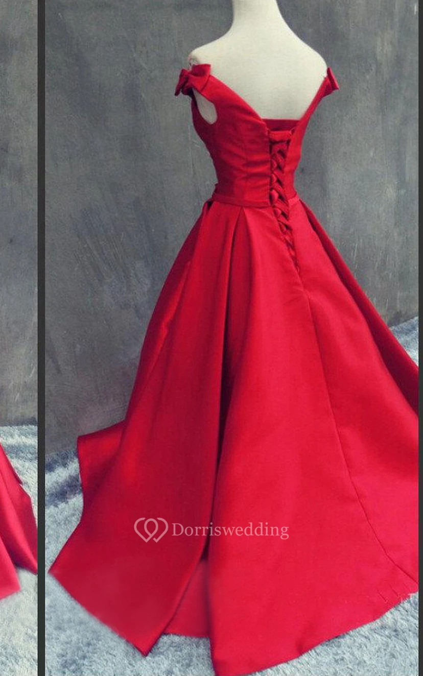 Elegant Off-the-shoulder Satin Dress With Lace Up Back view 2