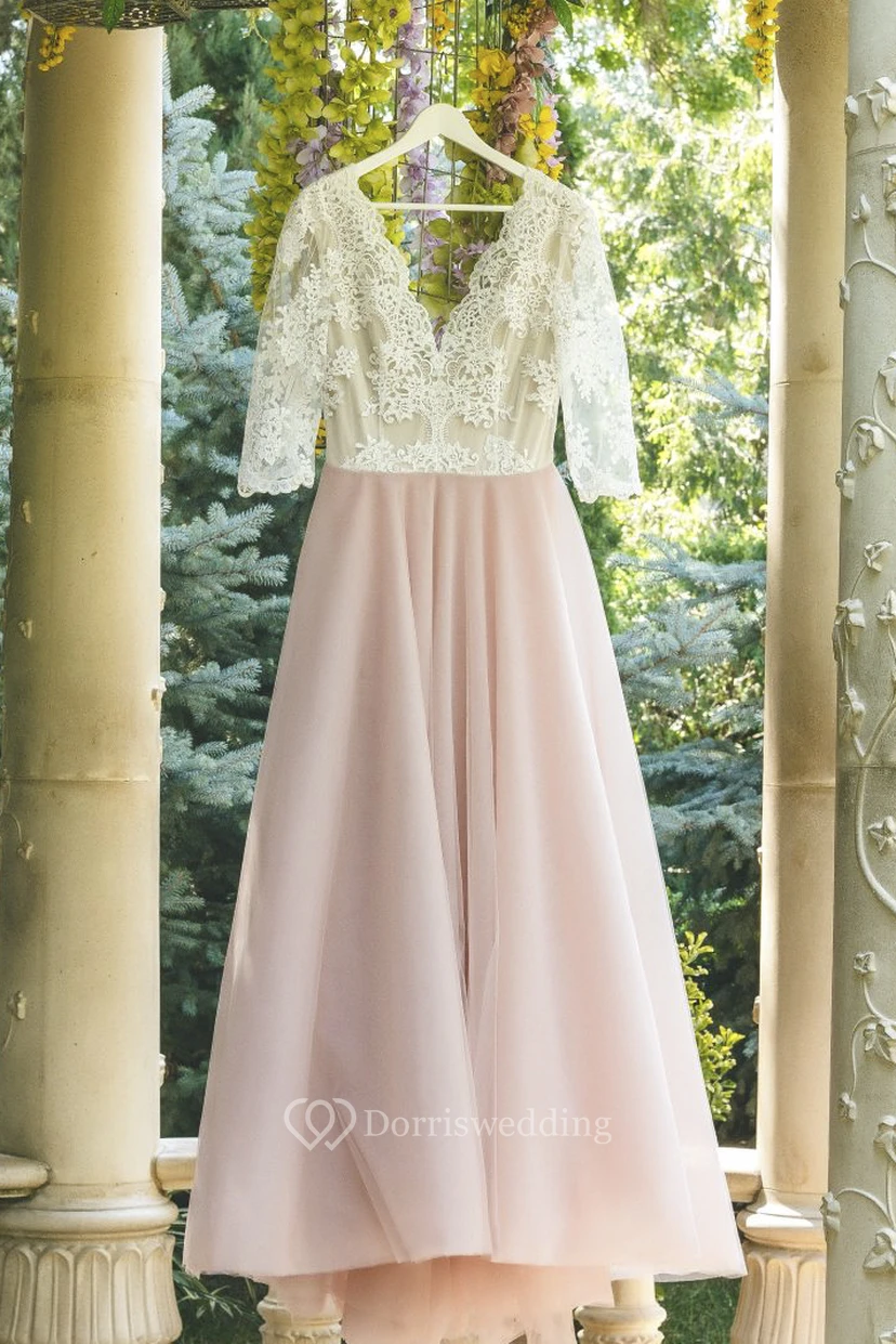 3/4-Ärmel, bezauberndes Brautkleid aus Spitze mit V-Ausschnitt und Schleife view 3