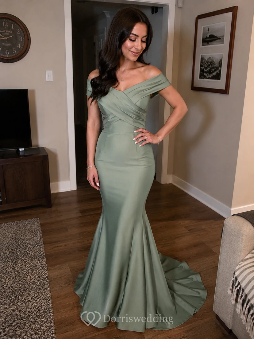 Mermaid Trumpet Satin Off-the-shoulder Short Sleeve Zipper Dress view 10