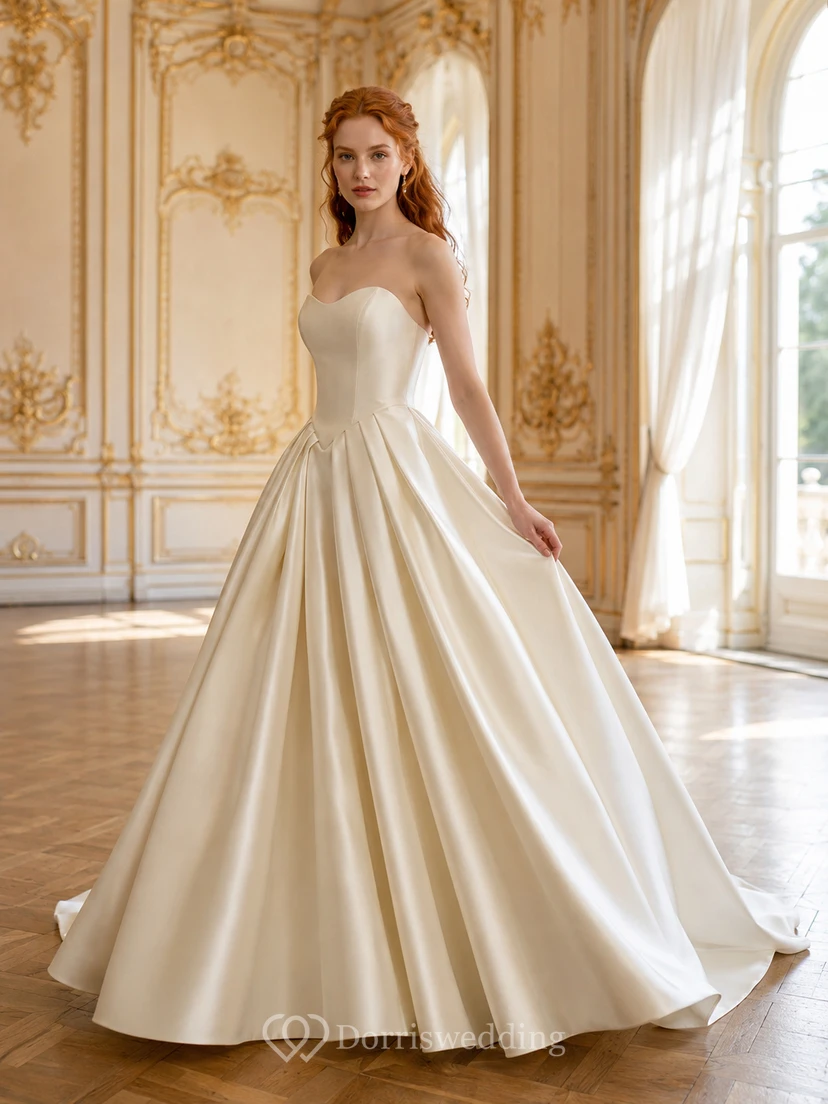 Strapless Satin Sweetheart Ball Gown Wedding Dress With Bow