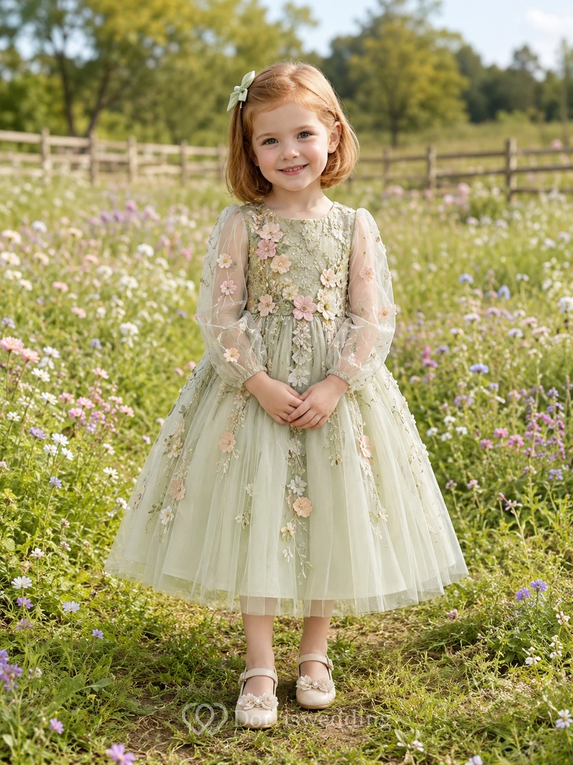 Sage Floral Applique Tulle Long Sleeve A-Line Tea-Length Garden Flower Girl Dress