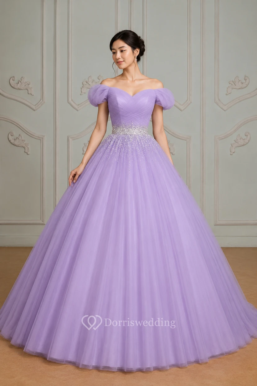 Ball Gown Maxi Off-The-Shoulder Sleeveless Bell Pleats Beading Corset Back Tulle Lace Dress view 6