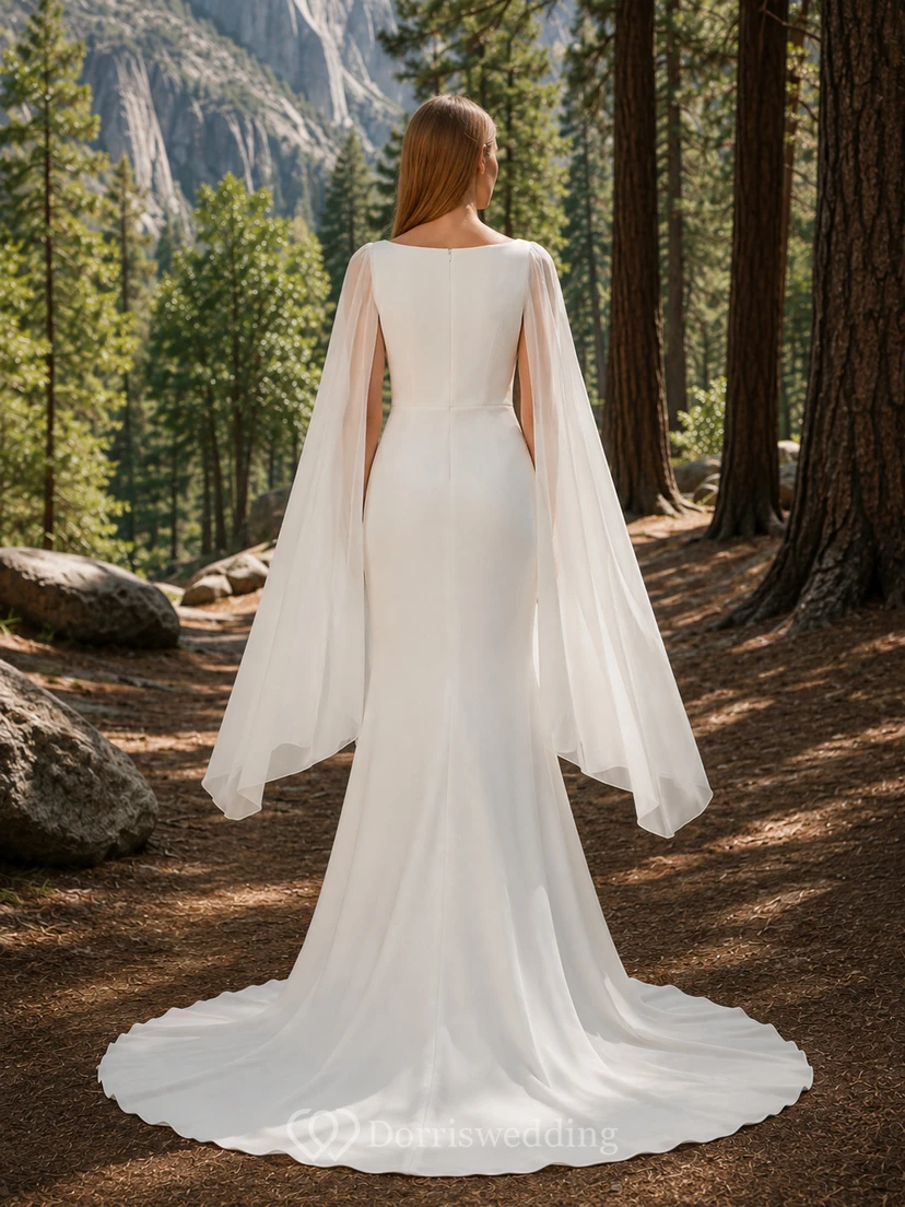 Robe de mariée en satin fourreau à col bateau, manches cape drapées et traîne chapelle, style forêt view 2