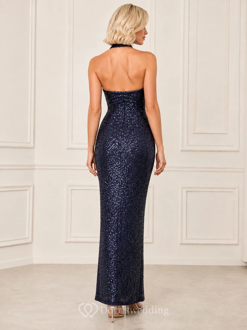 Ink Navy Midnight Halter Sleeveless Mermaid Sequined Evening Dress view 2