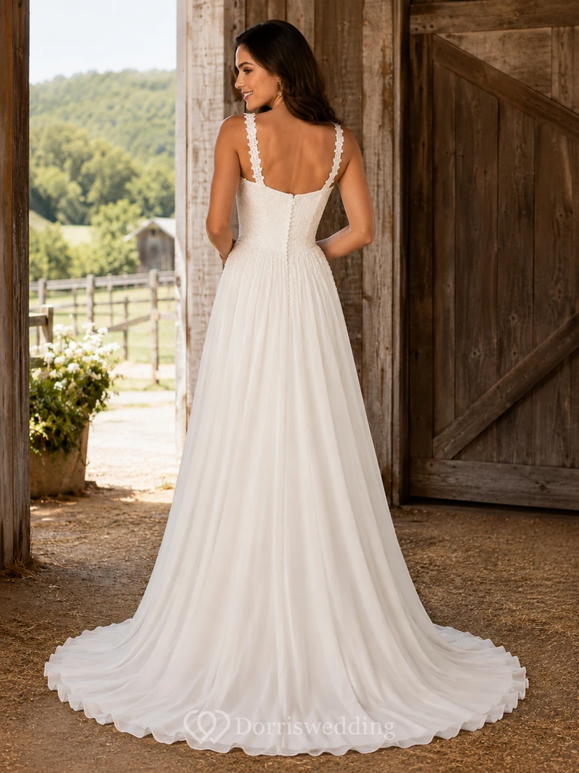 Robe de mariée champêtre en mousseline, col carré, bretelles en dentelle, coupe trapèze, bretelles en dentelle, style champêtre view 2