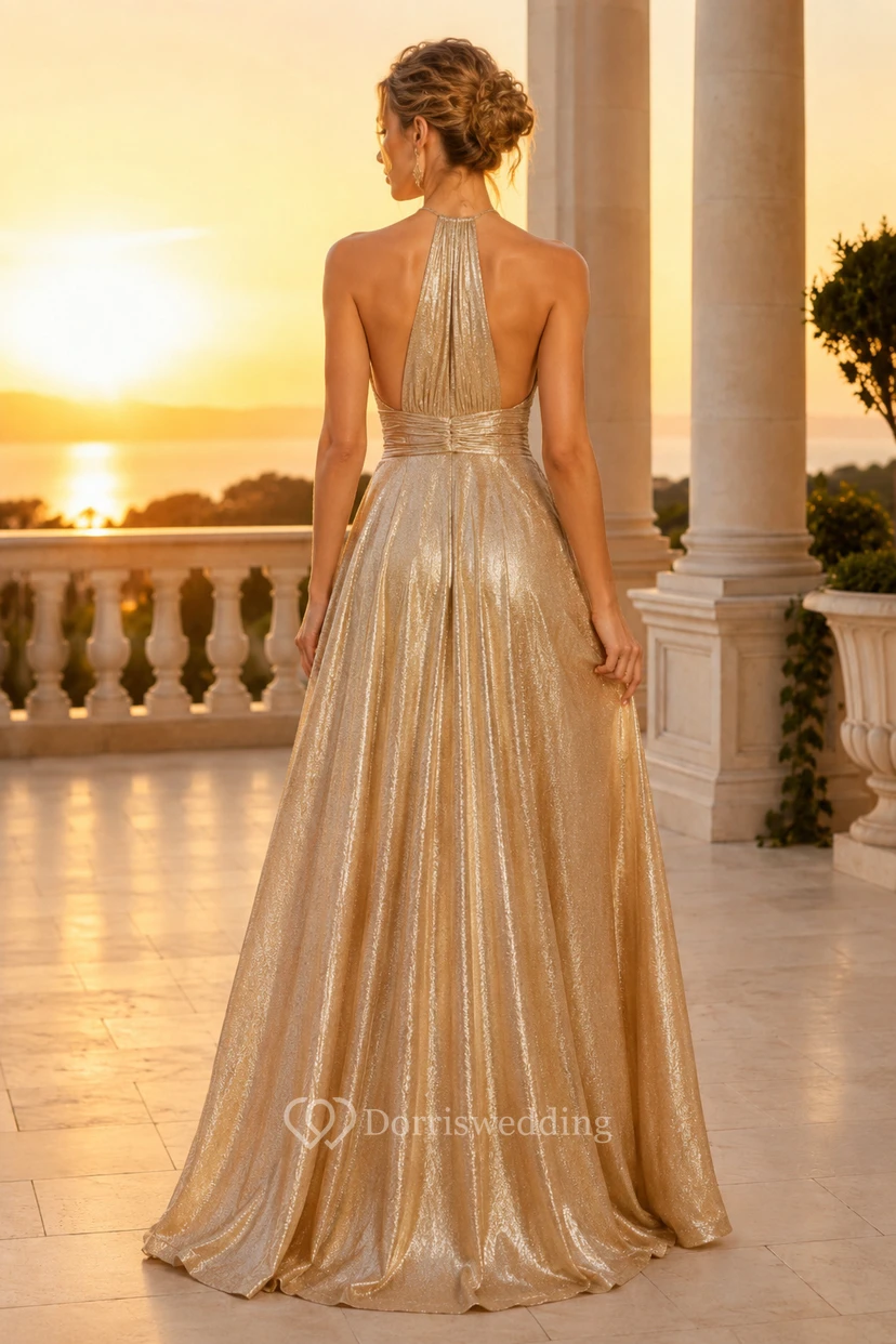 Goldenes, trägerloses A-Linien-Abendkleid aus Satin mit plissiertem Oberteil view 2
