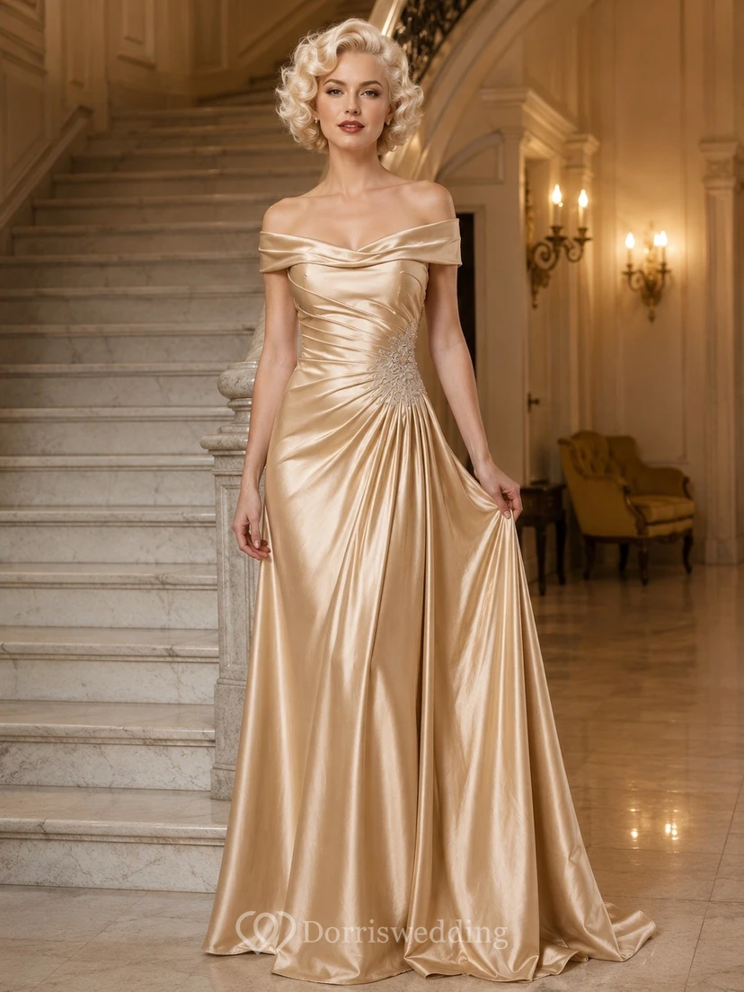 Vintage Champagne Off-Shoulder Draped Satin Sweep Train Gown