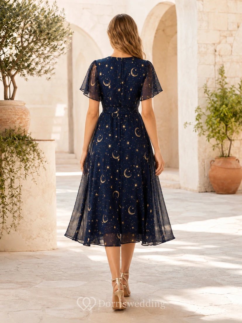 Navy Moon Star Print Tulle Guest Midi Dress view 2