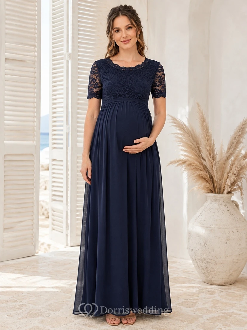 Maternity Modest Navy Bateau Lace Cap Sleeve Floor-Length Dress