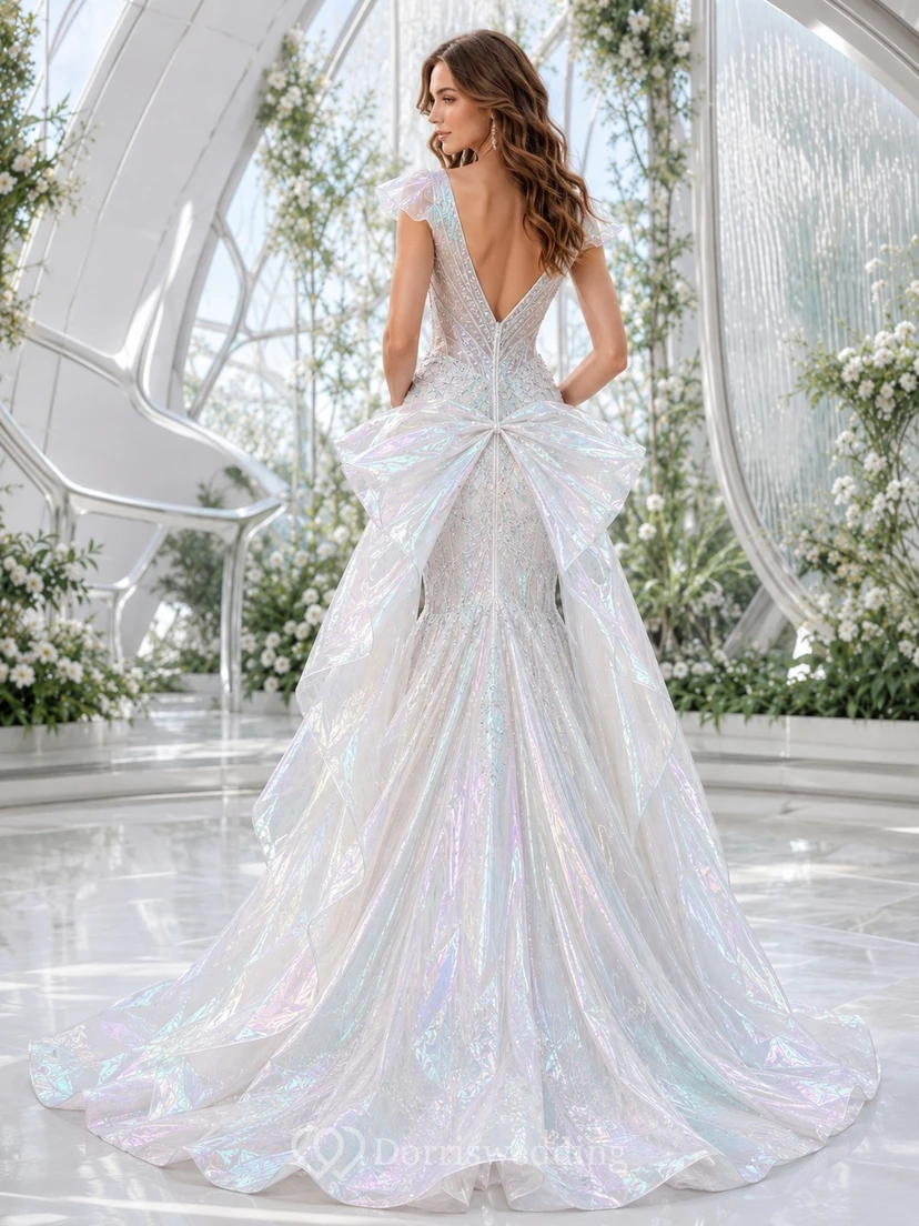 Vestido de novia moderno de sirena con escote en V y lentejuelas plateadas hasta el suelo view 2