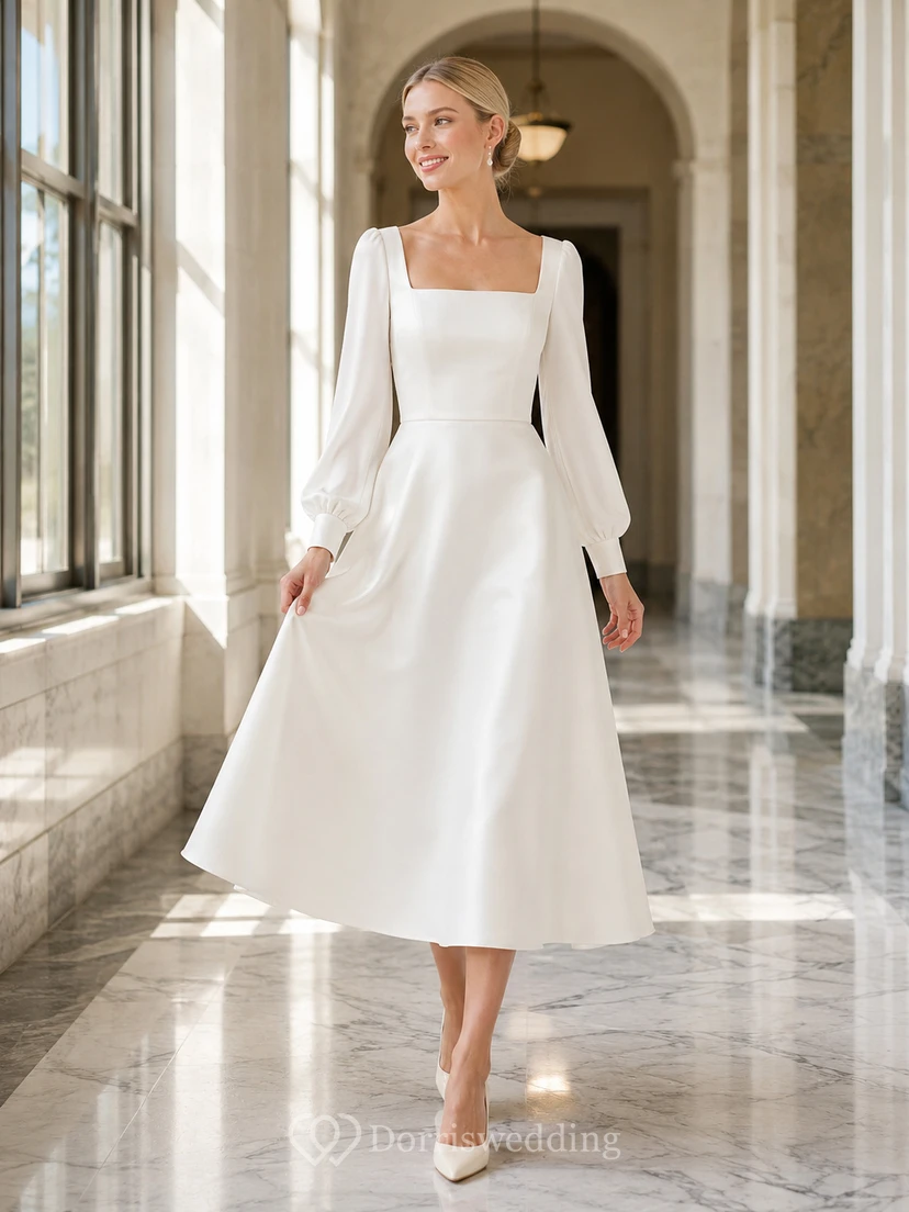 Robe de mariée moderne en satin, coupe trapèze, manches longues, col carré et manches bouffantes, longueur thé, idéale pour une cérémonie civile.