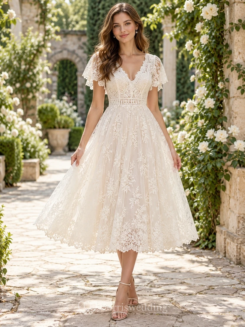 Vestido de novia bohemio de encaje con escote en V y mangas con volantes, largo hasta la rodilla