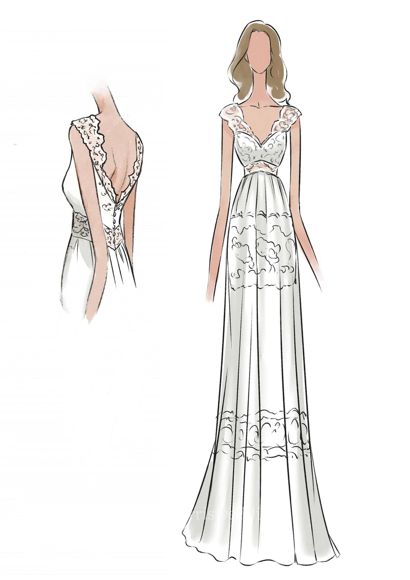 Robe de mariée longue à col en V et manches courtes, ornée de dentelle et de tulle appliqués view 4