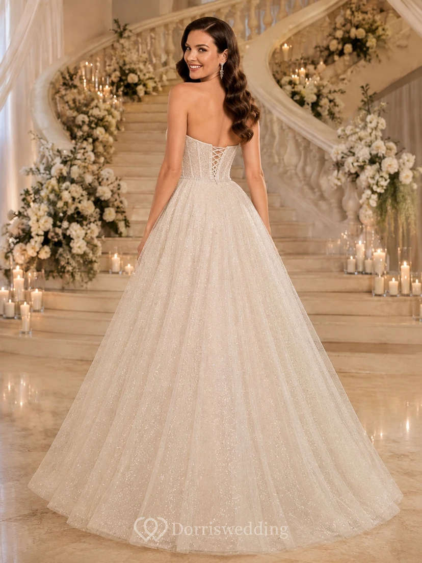 Luxury Strapless Sweetheart Glitter Tulle Ball Gown Floor-Length Princess Wedding Dress view 2