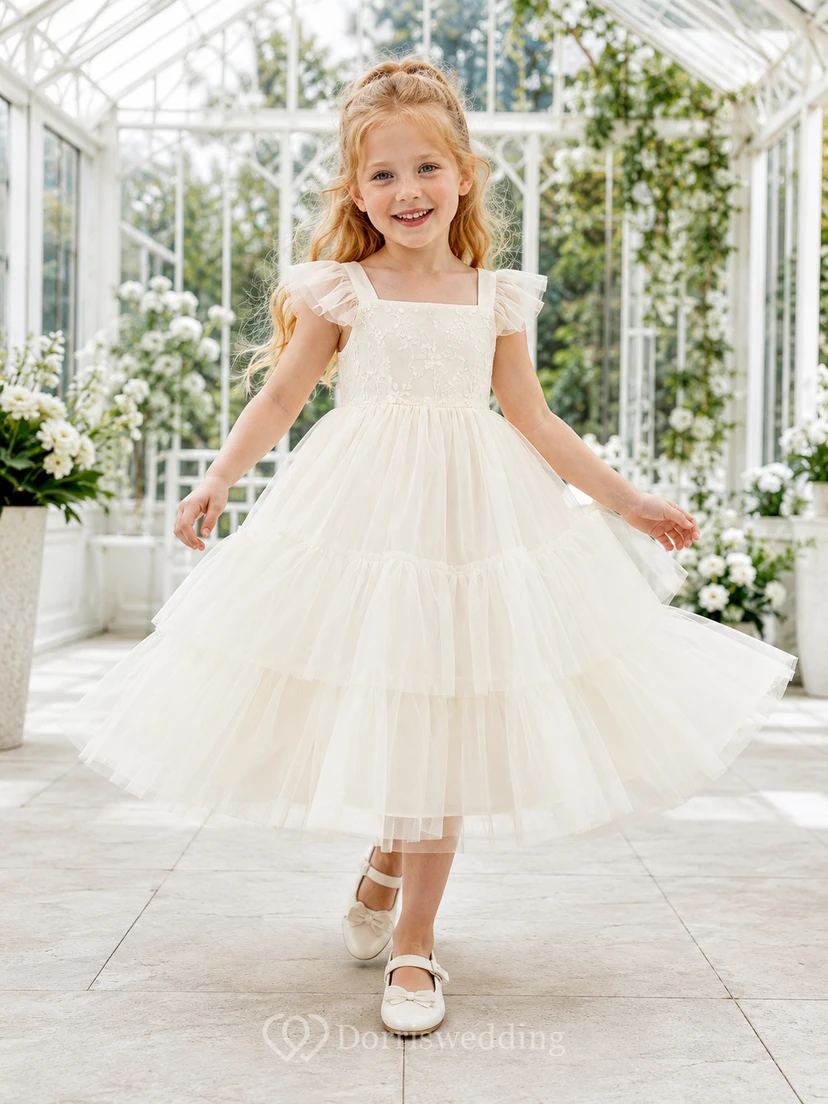 Flower Girl Dress Ivory Tulle A-Line Flutter Sleeve Square Neck Tea Length Ruffle Detail Tiered Skirt