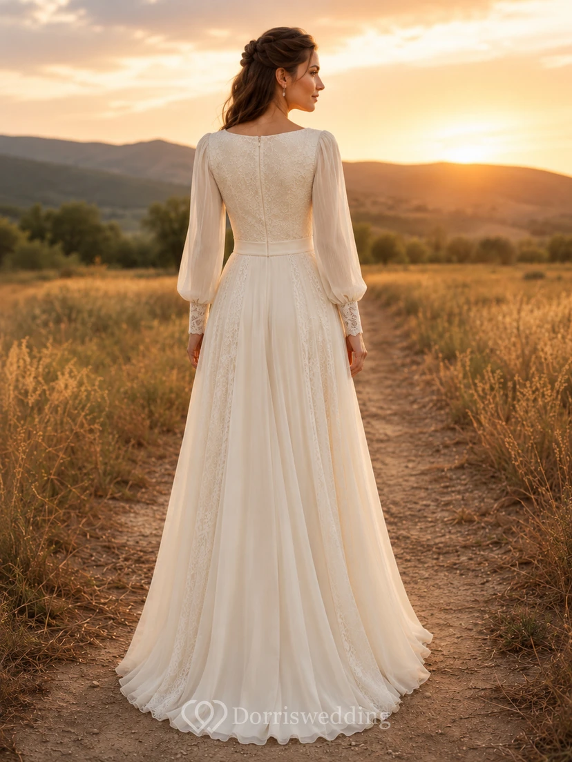 Country Lace Wedding Dress A-Line V-Neck Long Sleeve Chapel Train Bridal Gown view 2