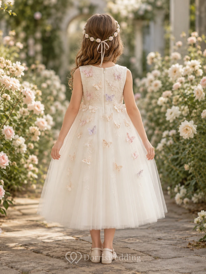 Vestido de niña de las flores color marfil con apliques de mariposas en tonos pastel, corpiño de encaje con escote joya y falda de tul de corte A hasta la rodilla. view 2