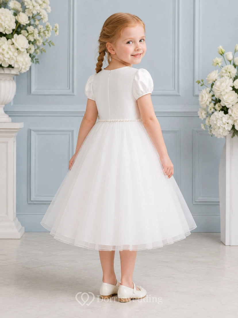 Klassisches, teelanges A-Linien-Brautkleid aus Satintüll mit Rundhalsausschnitt, Puffärmeln und Perlenverzierung für Blumenmädchen view 2
