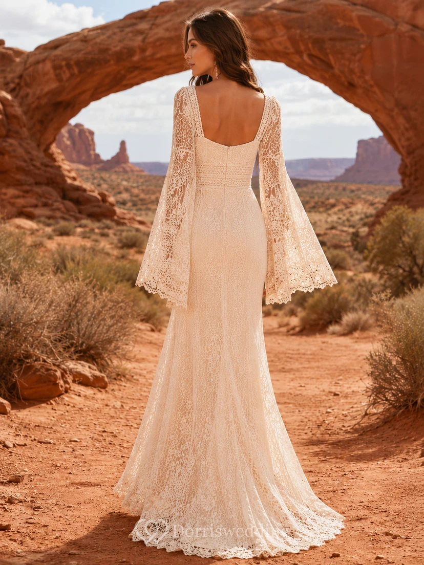 Wüsten-Boho-Spitzenkleid mit eckigem Ausschnitt und Glockenärmeln view 2