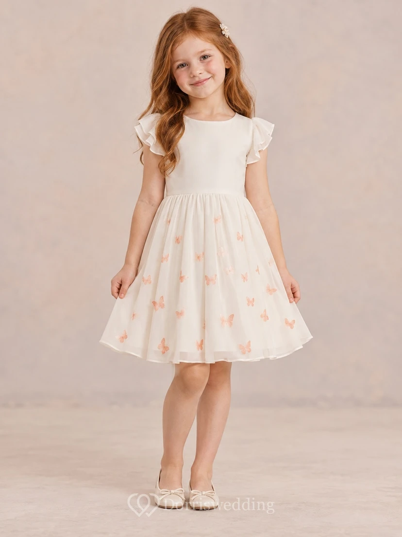 Modest Simple Ivory Knee-length Jewel Layered Flutter Sleeves Tiny Butterfly-Print Gathered Chiffon A-line Flowergirl Dress