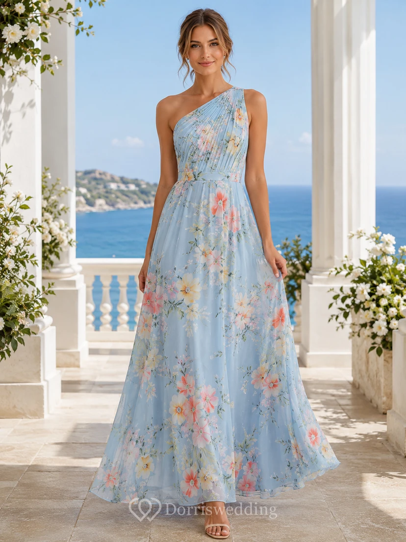 Blue Floral One Shoulder Chiffon Guest Maxi Dress