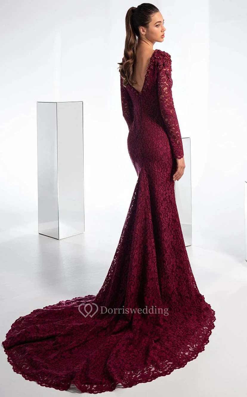 Casual Mermaid Lace Bateau Floor-length Low-V Back Prom Dress view 2