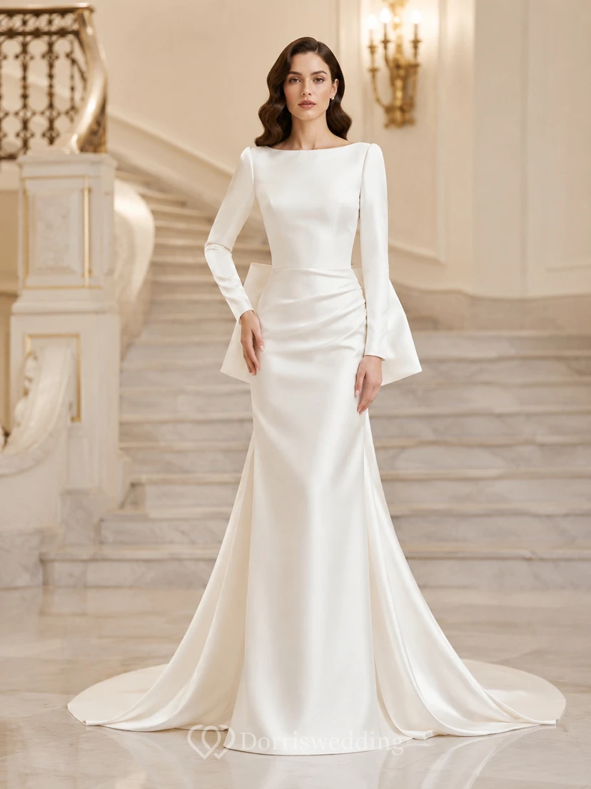 Robe de mariée élégante et moderne en satin satiné, fourreau long, style bateau, avec nœud papillon.