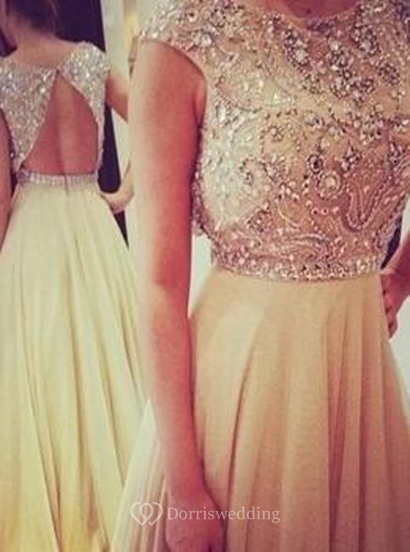 Long Elegant Sleeveless Prom Dress Chiffon Scoop Evening Gown With Beadings and Crystals